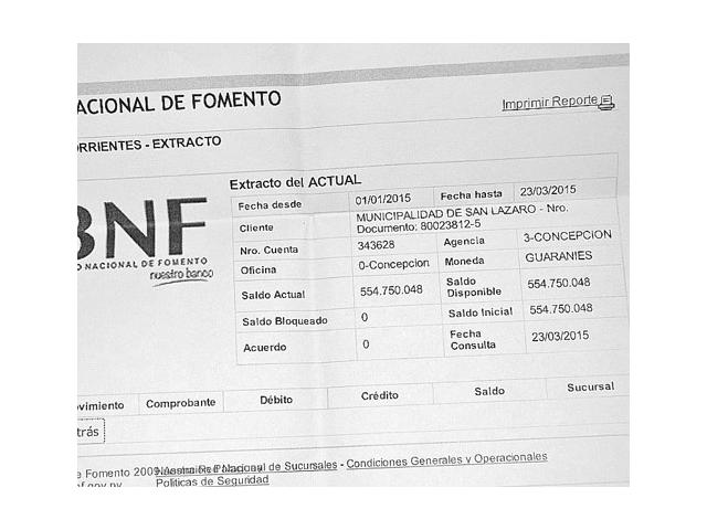 Prueba. La Municipalidad de San Lázaro tiene disponible en el BNF un total de 554.750.048 guaraníes./UH