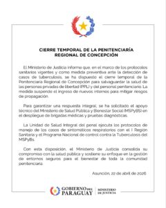 Cierre temporal de la Penitenciaría Regional de Concepción por brote de tuberculosis